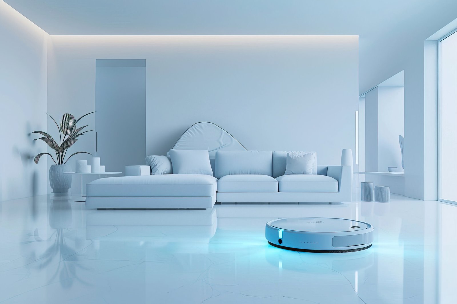 Light blue color. A realistic, advertising photograph set in a sophisticated, elegant, and clean modern living room, predominantly white, where an autonomous, circular, flat, and very modern vacuum cleaner is in operation. The vacuum cleaner features neon accents. The room is immaculate. A technologically advanced vacuum --ar 3:2 --style raw --v 6 Job ID: fe5170fc-abc3-4664-a2b4-a68d2171d0ca